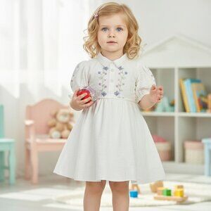 Peppermint Girls A-Line Puff Sleeve Floral Embroidered Dress -White